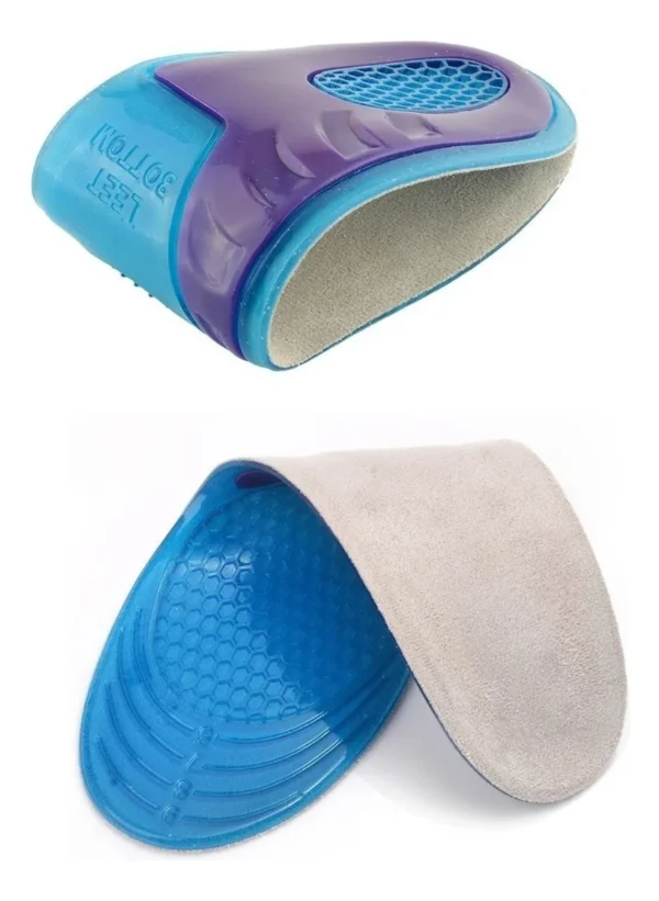 Plantilla de silicona azul y morada para el talón, con relieve en la parte superior y base con tejido.