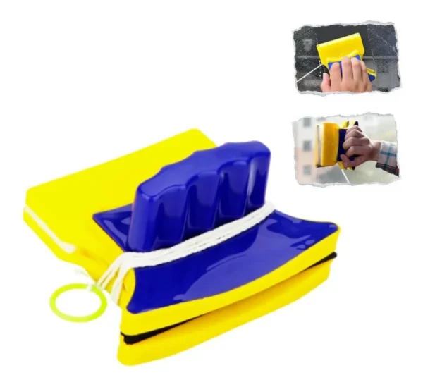 Limpia vidrios magnético de doble cara amarillo y azul con cuerda de seguridad.