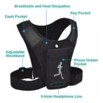 Chaleco deportivo negro para correr con compartimentos para teléfono, llaves y dinero.