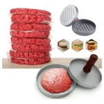 Molde de hamburguesa de carne cruda con prensa para formar carnes perfectamente.