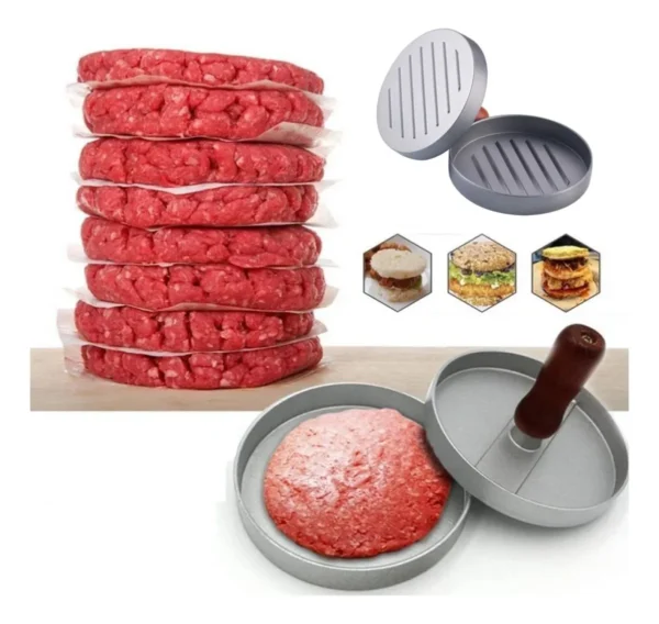 Molde de hamburguesa de carne cruda con prensa para formar carnes perfectamente.