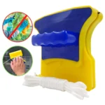 Limpiador de vidrio magnético amarillo y azul con cuerda, ideal para ventanas de doble panel.