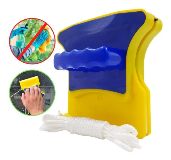 Limpiador de vidrio magnético amarillo y azul con cuerda, ideal para ventanas de doble panel.