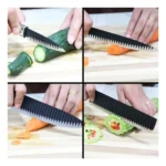Set de cuchillos ondulados cortando pepino, zanahoria y melón amargo en tabla de madera.