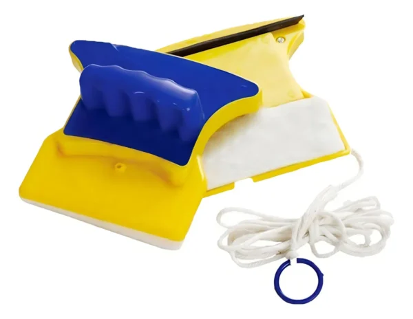Limpia vidrios magnético amarillo y azul con cuerda de seguridad para limpieza de ventanas.