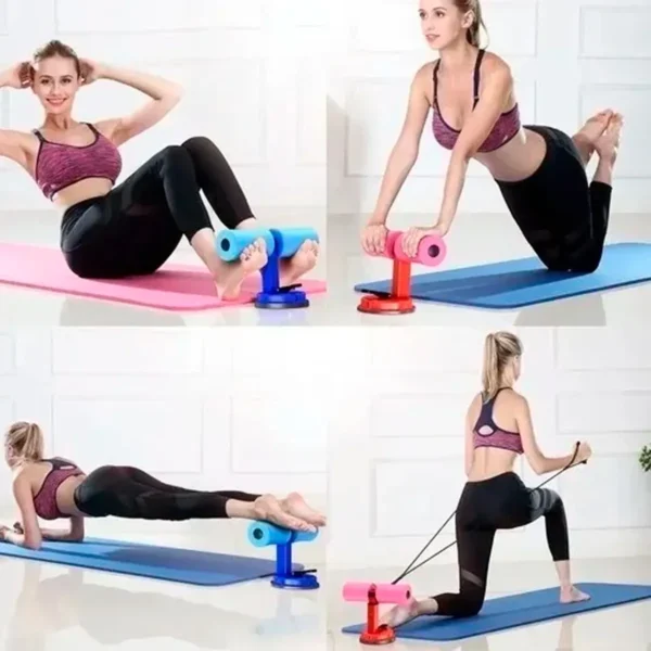 Home Fitness: mujer haciendo abdominales, plancha y ejercicio con banda elástica.