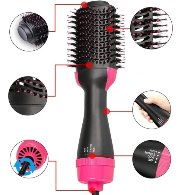 Cepillo secador de aire voluminizador negro y rosa con múltiples ajustes y detalles de cepillo.