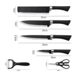 Set de cuchillos de cocina con medidas: 32cm, 20cm. Incluye pelador y tijeras.