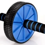 Rueda doble abdominal azul con agarres negros, ideal para ejercicio y fitness.