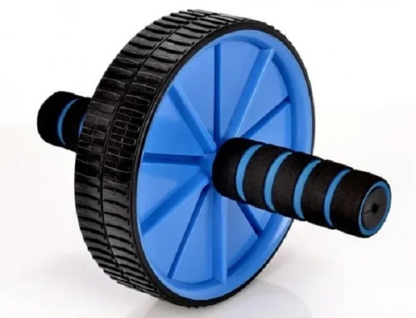 Rueda doble abdominal azul con agarres negros, ideal para ejercicio y fitness.