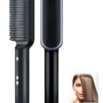 Cepillo alisador de cerámica negro para cabello liso y brillante, con demostración en uso.
