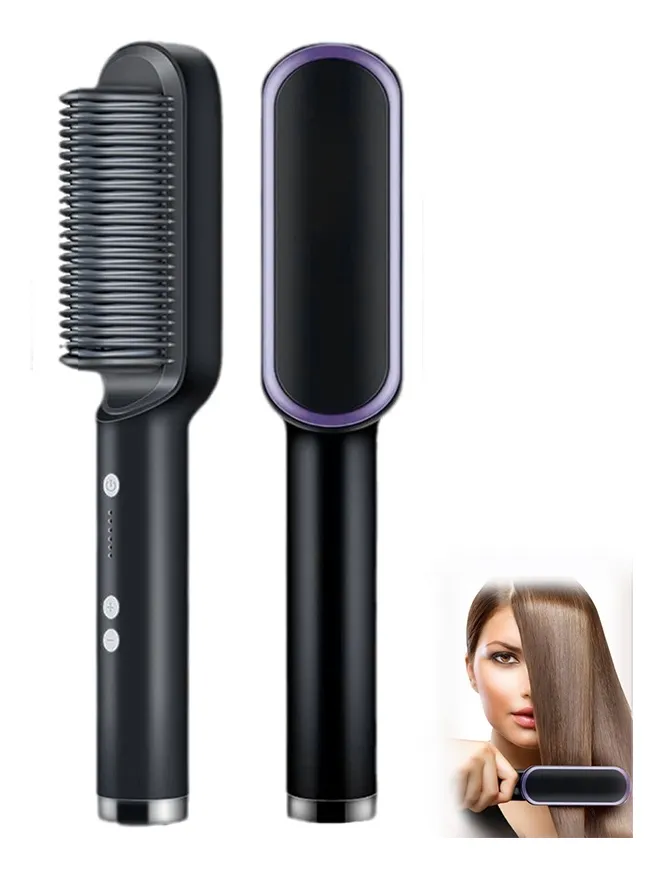 Cepillo alisador de cerámica negro para cabello liso y brillante, con demostración en uso.