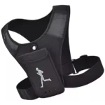 Corrector de postura negro para deportista con bolsillo para móvil, ajustable al hombro.