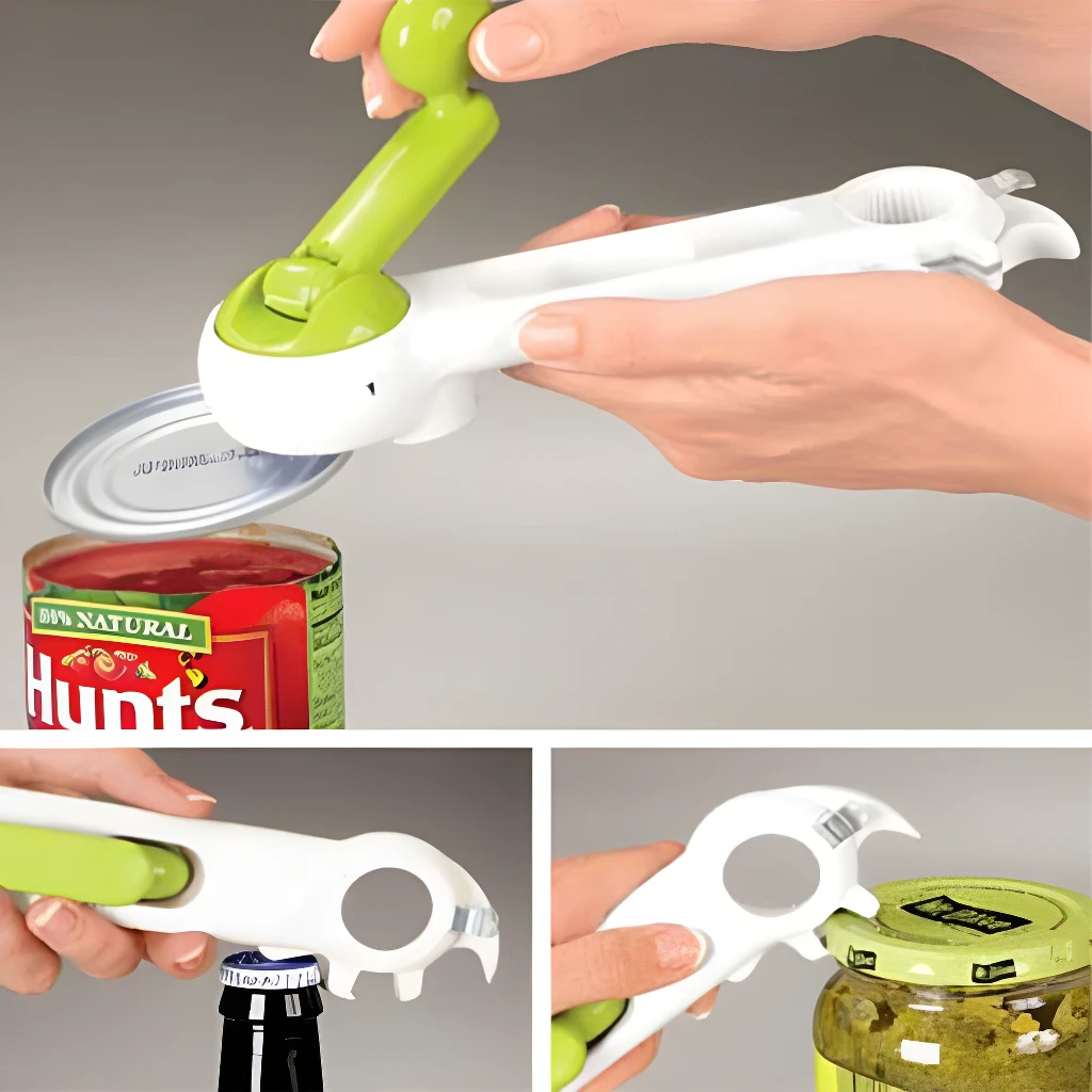 Abrelatas multifuncional 6 en 1 abriendo lata de tomates y tapa de frasco.
