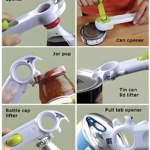 Abrelatas multifuncional 6 en 1: abre tapas de botellas, latas y frascos con facilidad.