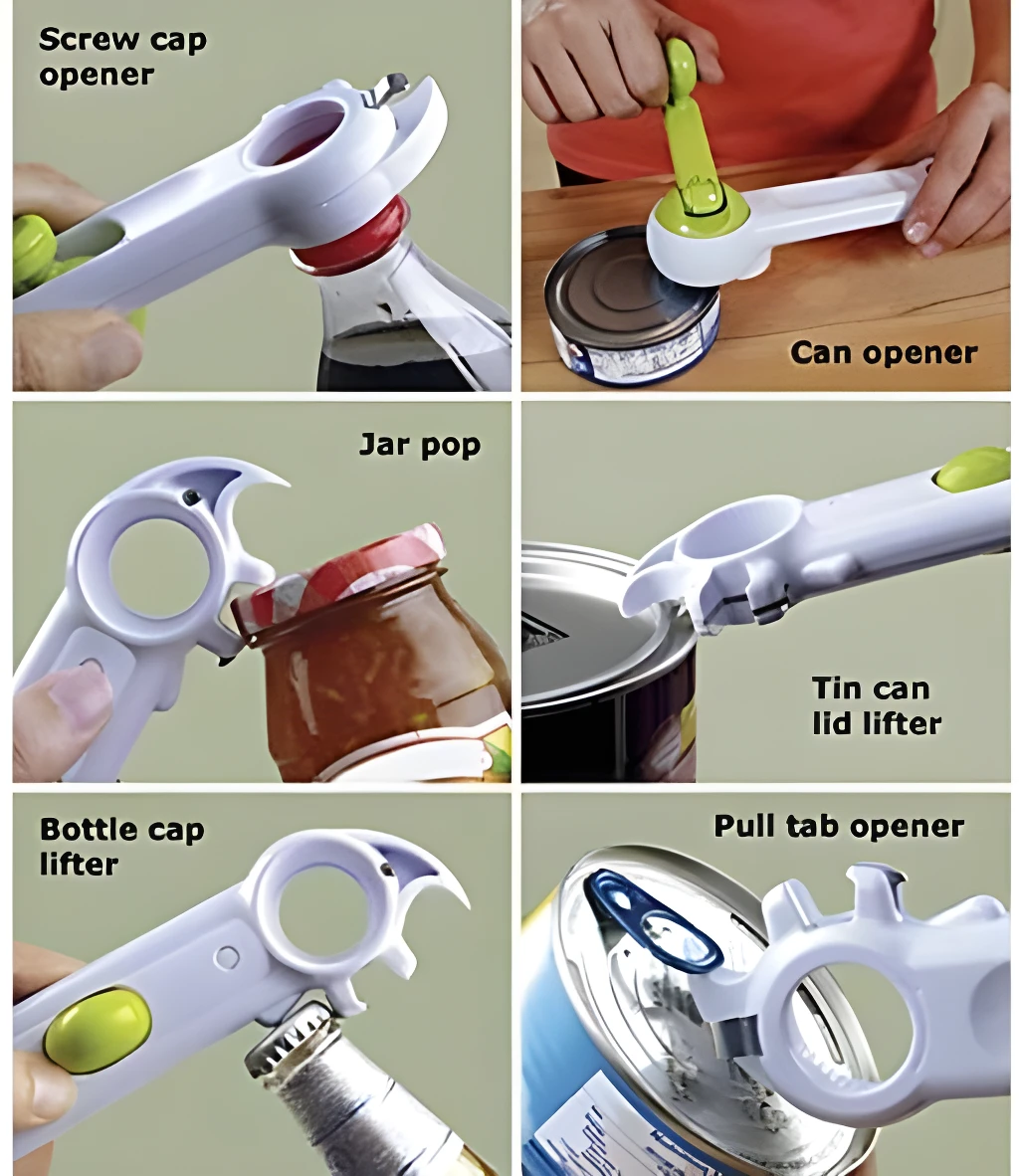 Abrelatas multifuncional 6 en 1: abre tapas de botellas, latas y frascos con facilidad.