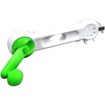 Abrelatas multifuncional 6 en 1 blanco y verde con mango para latas y tapas.