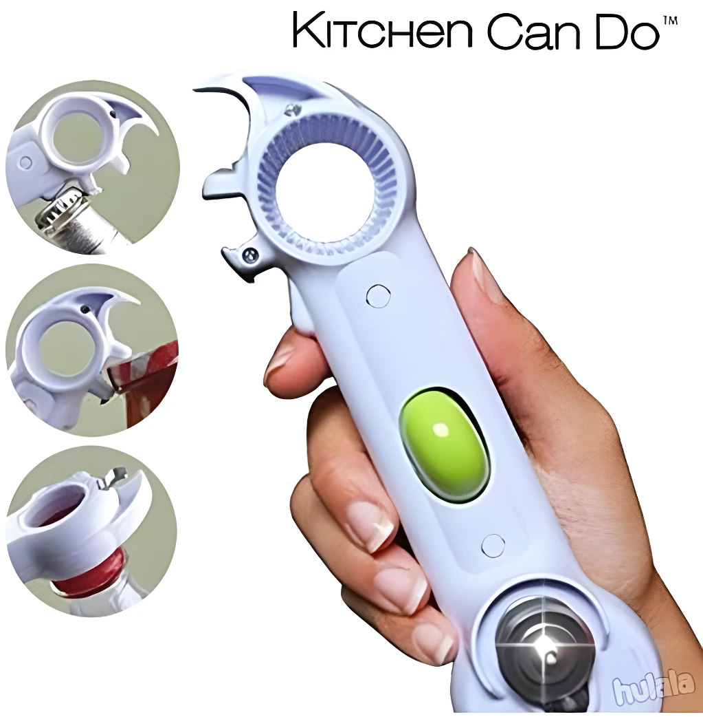 Abrelatas multifuncional 6 en 1 en mano, ideal para latas, botellas y tapas.