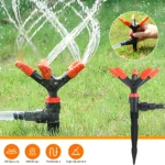 Aspersor de jardín 360° en acción, riego de césped con alcance amplio y ajuste de ángulo.
