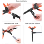 Aspersor de jardín 360° fácil de instalar: conectando boquilla, entrada y manguera.