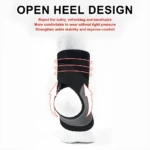 Calcetín de compresión negro y blanco para esguince, diseño abierto, soporte y estabilidad para tobillo.
