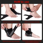 Calcetines de compresión anti esguince para pie, mostrando pasos de uso y ajuste.