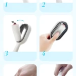 Cepillo masajeador para mascotas. Mango ergonómico, cerdas suaves y dispensador de líquido.