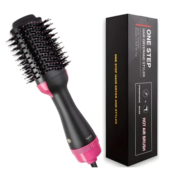Cepillo secador de aire voluminizador y estilizador One Step, color negro y rosa.