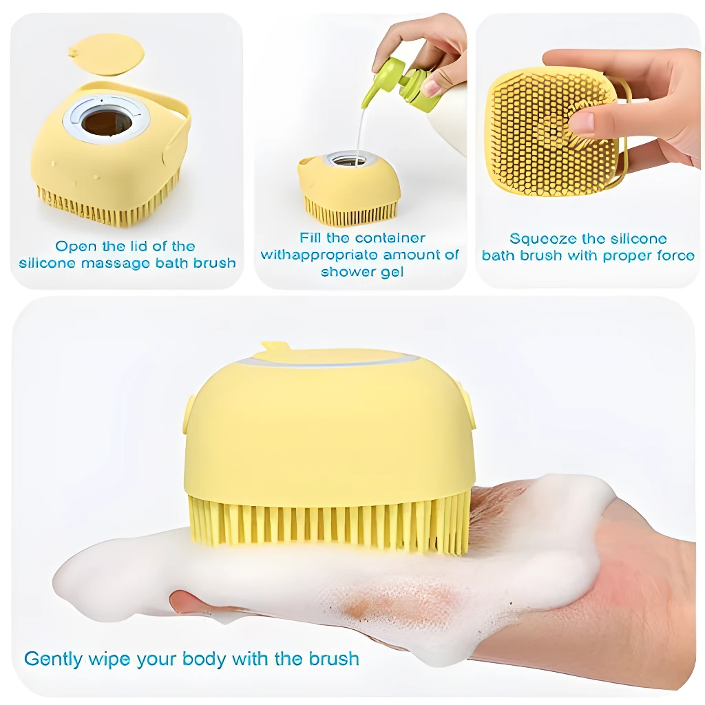 Cepillo masajeador para mascotas con dispensador de shampoo, amarillo, creando espuma en mano.