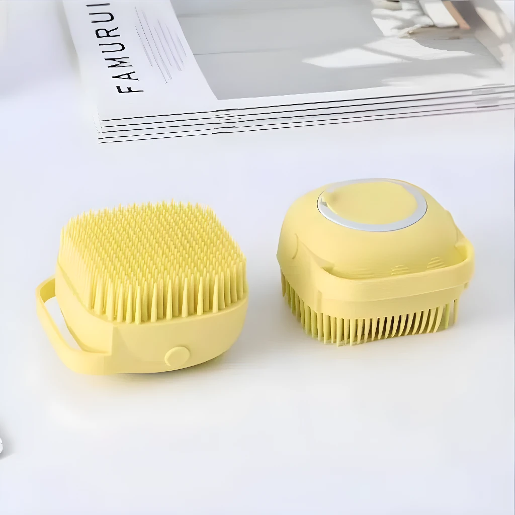 Set x3 cepillo amarillo para shampoo y masajeador de mascotas con cerdas de silicona suaves.