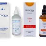 Combo BIOAQUA: sérum ácido hialurónico y vitamina C en cajas y frascos.