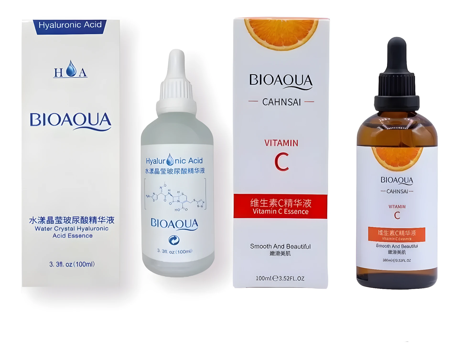 Combo BIOAQUA: sérum ácido hialurónico y vitamina C en cajas y frascos.