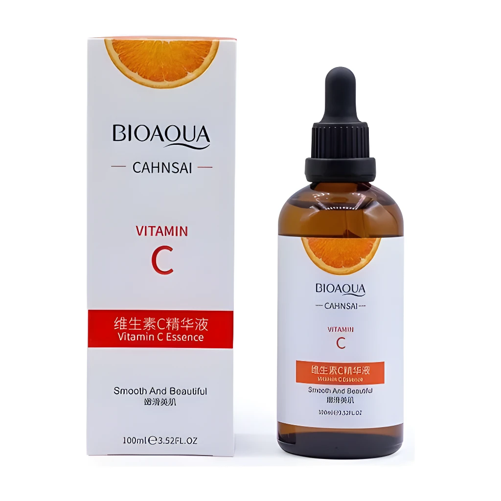 Frasco gotero y caja de sérum BIOAQUA Vitamina C, para piel lisa y hermosa.