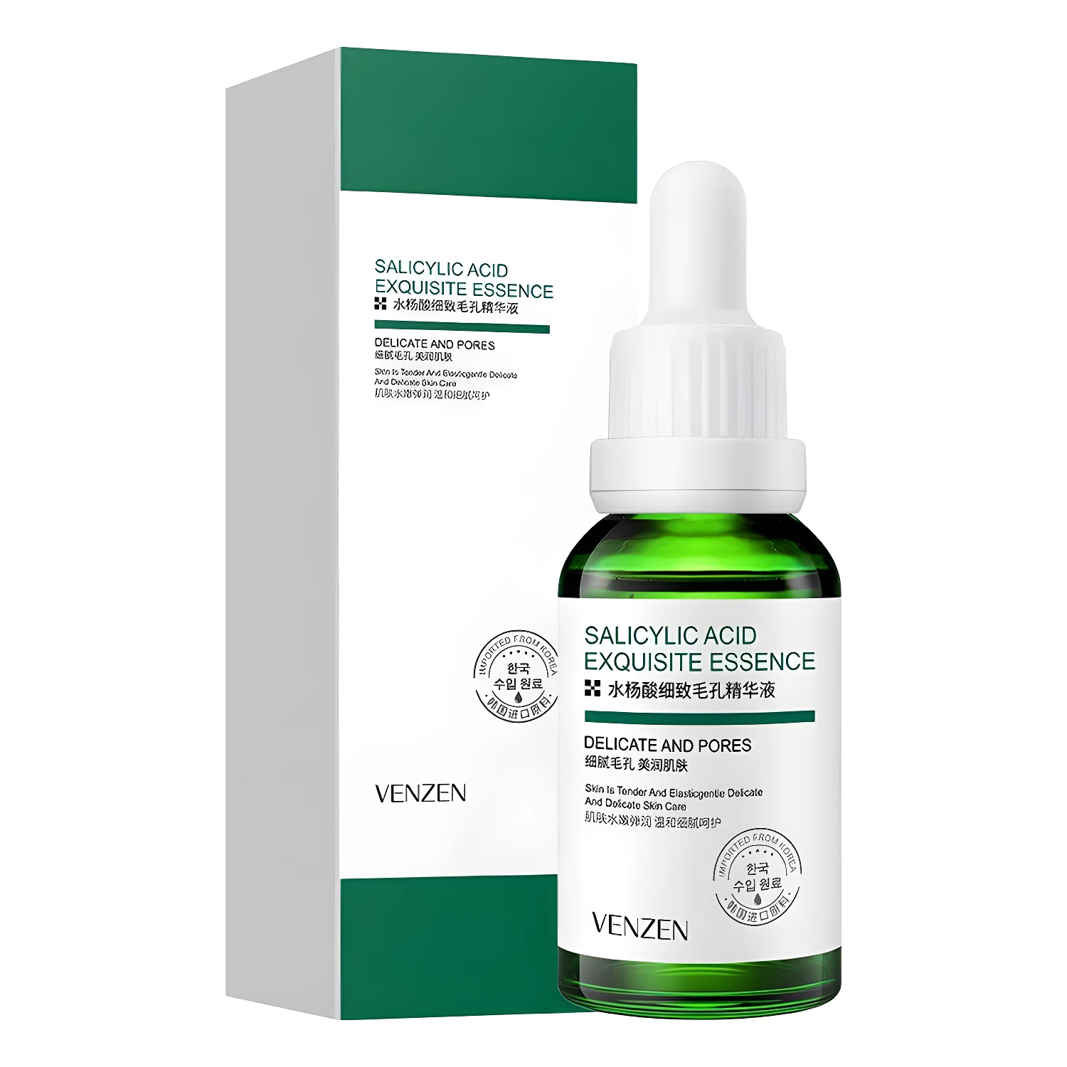 Esencia de ácido salicílico VZENZEN para piel delicada y poros finos en botella verde con gotero blanco.