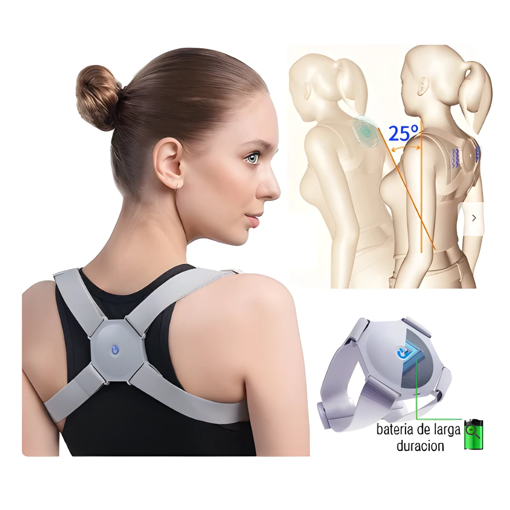 Corrector de postura ajustable con sensor para espalda recta, ideal para uso diario y corrección postural.