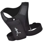 Corrector de postura deportivo para espalda con portamóvil y silueta de corredor.