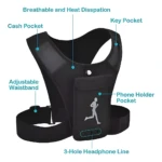 Chaleco deportivo con soporte para celular, bolsillos y salida para audífonos.