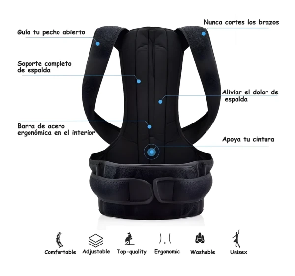 Corrector de postura ajustable negro: soporte lumbar, espalda y hombros.