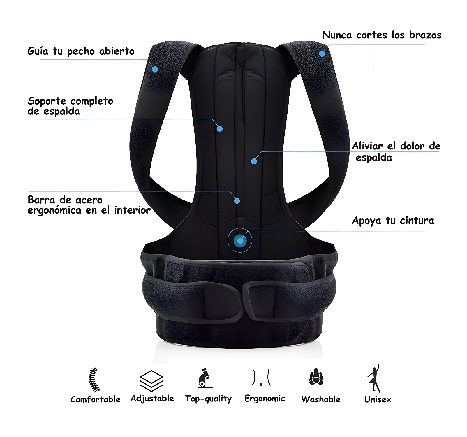 Corrector de postura ajustable negro: soporte lumbar, espalda y hombros.