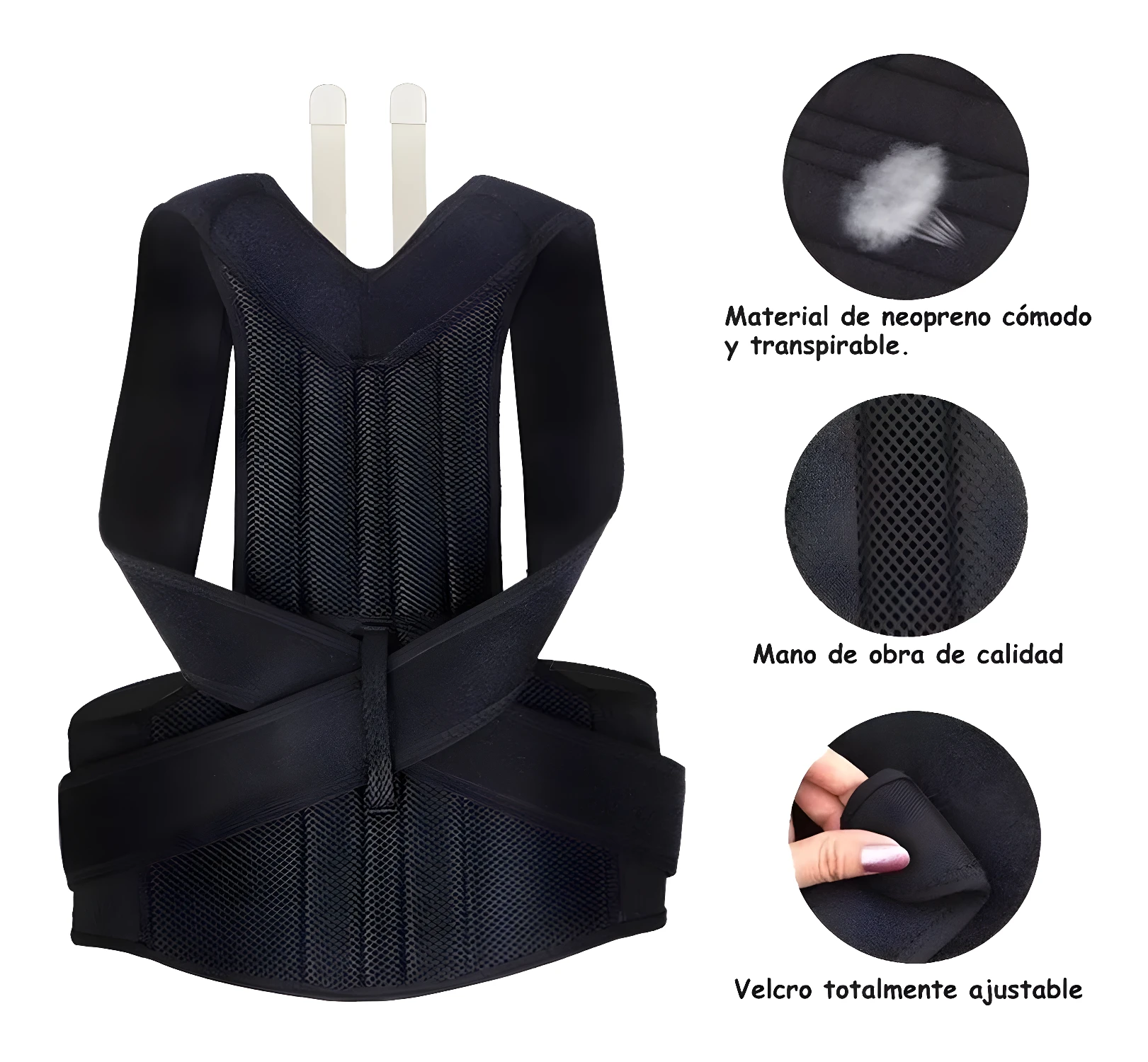 Corrector de postura ajustable de neopreno transpirable con velcro y mano de obra de calidad.