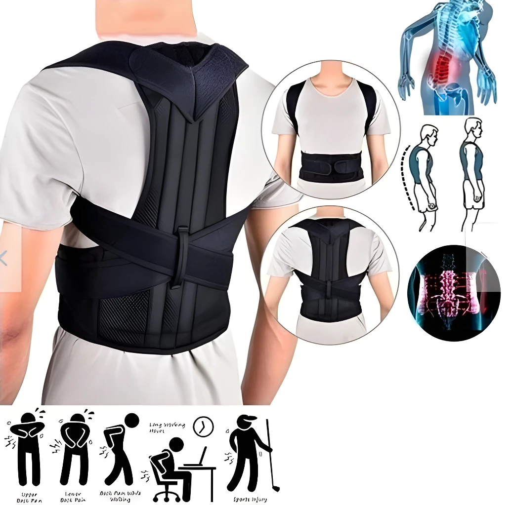 Corrector de postura ajustable para espalda, alivia dolor, mejora cifosis y sedentarismo.