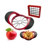 Cortador descorazonador de manzanas rojo y negro con una manzana fresca al lado.