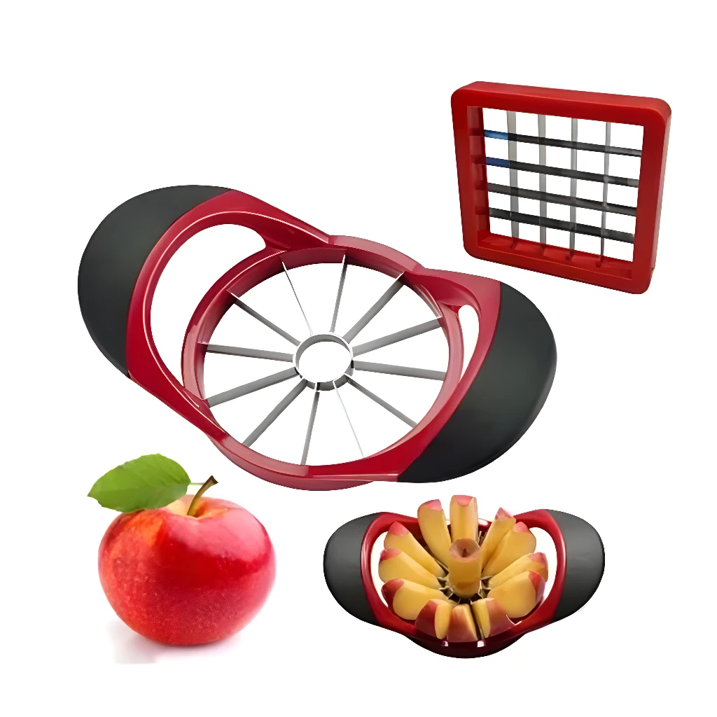 Cortador descorazonador de manzanas rojo y negro con una manzana fresca al lado.