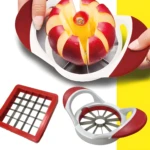 Cortador descorazonador de manzanas con asas rojas y cuchillas de acero inoxidable.