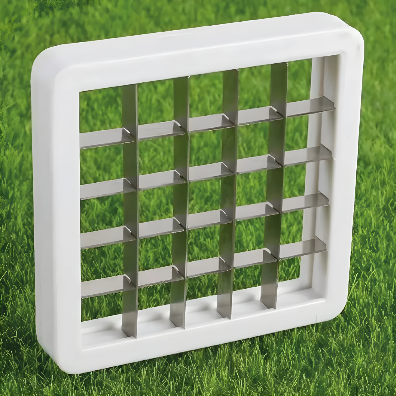 Cortador descorazonador de manzanas con cuchillas de acero inoxidable sobre césped verde.