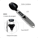 Cuchara gramera digital con pantalla LCD, modos de pesaje y función tara/encendido.