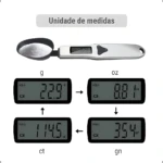 Cuchara gramera digital para pesar ingredientes en gramos, onzas, quilates y granos.