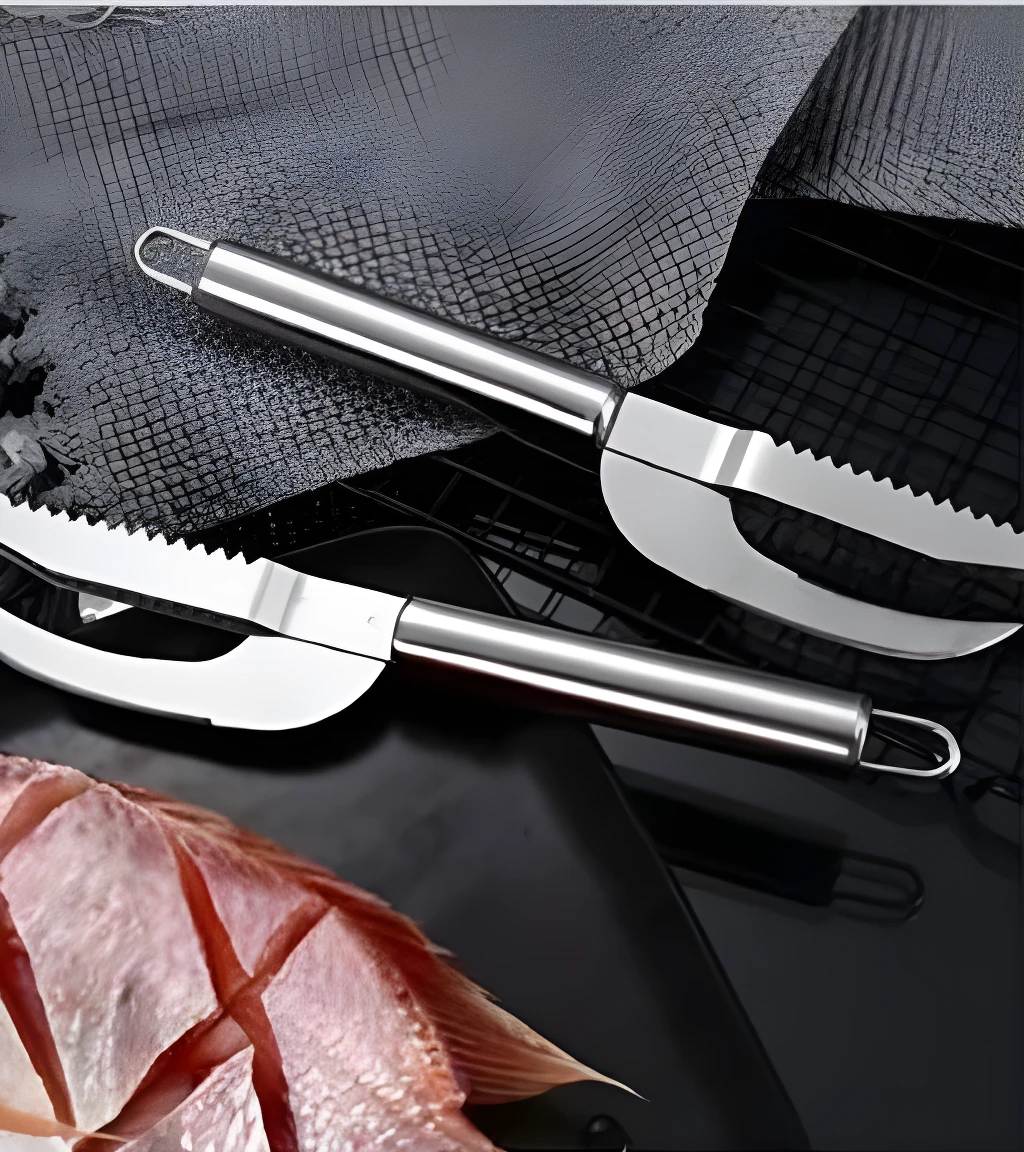 Set de 2 cuchillos para pescado con mango de acero inoxidable y hoja dentada.