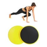 Set de 2 discos deslizadores amarillos para yoga, mujer haciendo ejercicio.