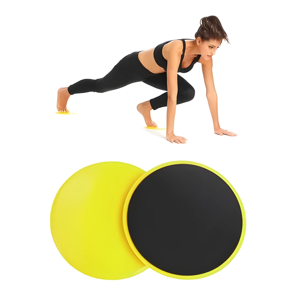 Set de 2 discos deslizadores amarillos para yoga, mujer haciendo ejercicio.
